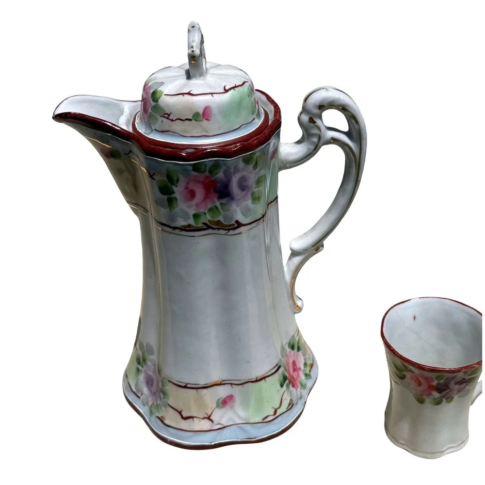Vintage Hand Painted Porcelain Coffee Pot Floral Gold Japan Tea Chocolate‎ Pot
